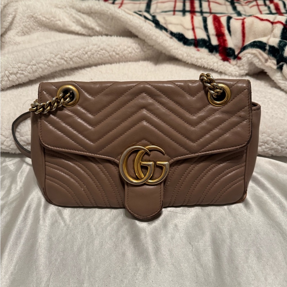 Gucci Tan Quilted Shoulder Bag with Gold Accents